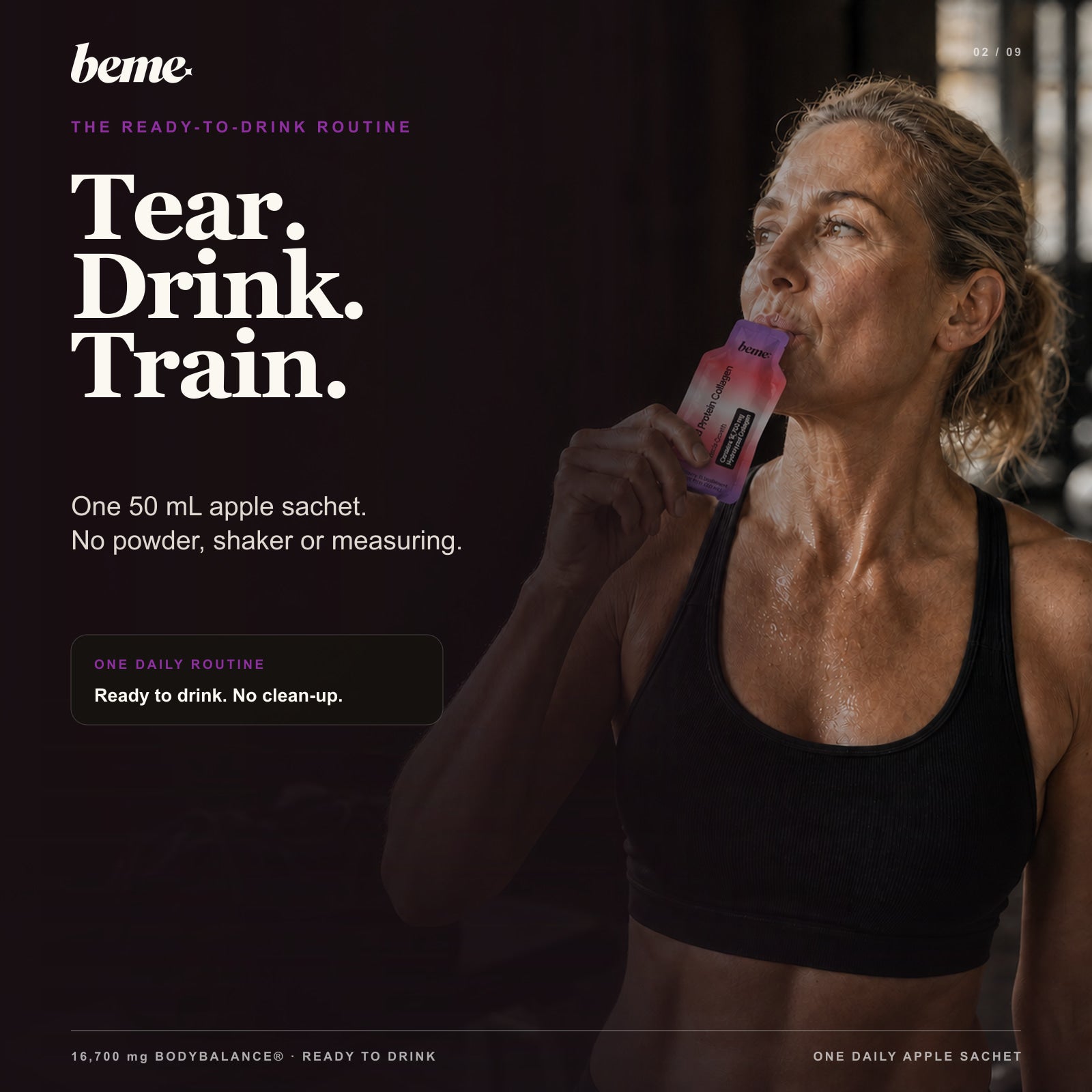 Athlete drinking one ready-to-drink BeMe BUILD sachet