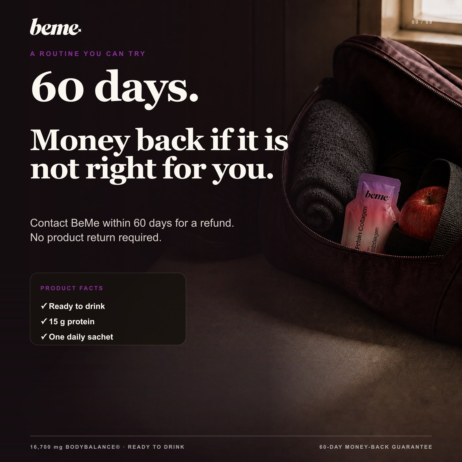 BeMe BUILD sachet naturally placed in a training bag with 60-day money-back guarantee