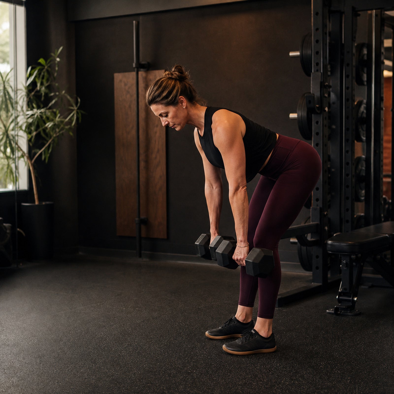 Woman performing controlled resistance training in a strength gym