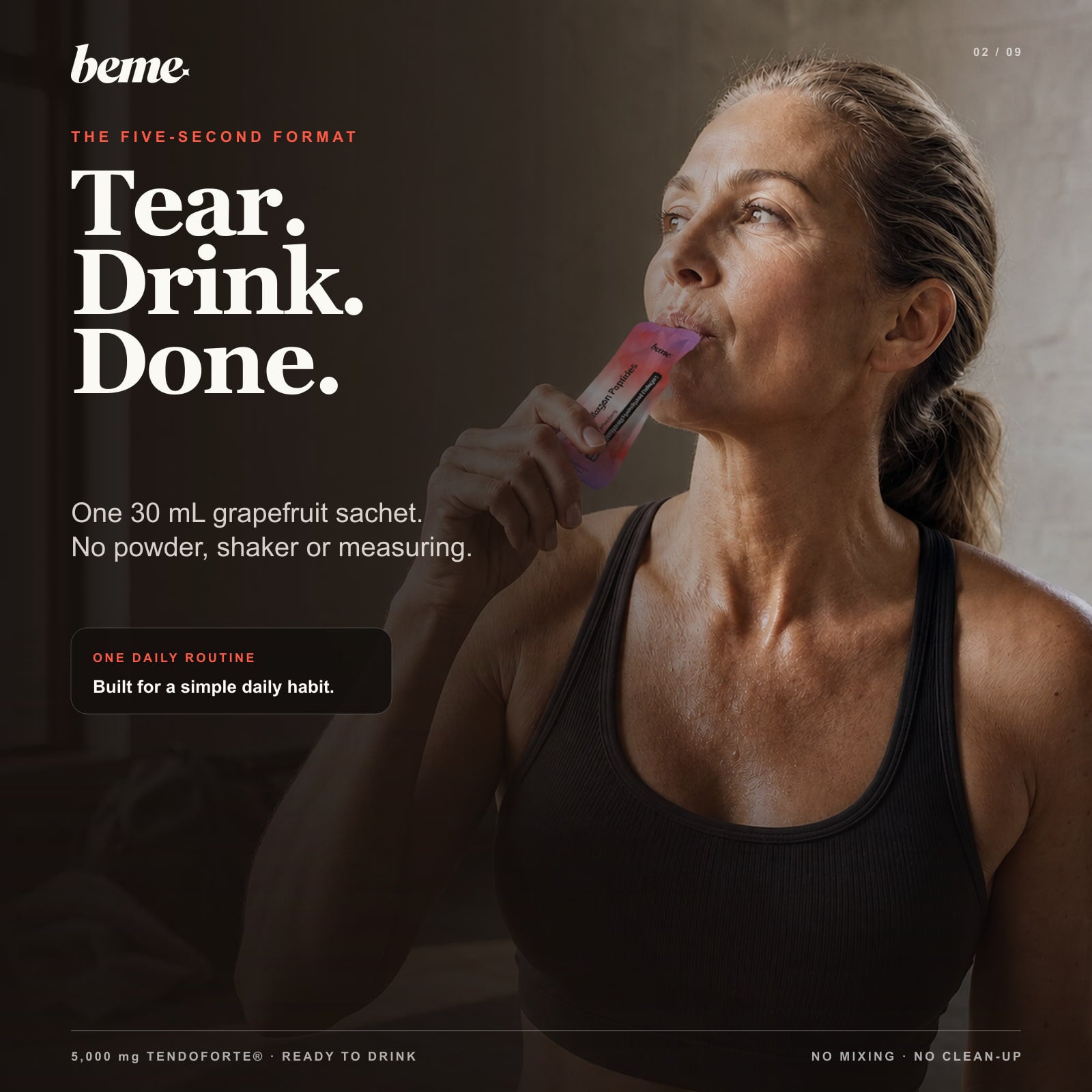 Active woman drinking a BeMe PROTECT ready-to-drink sachet